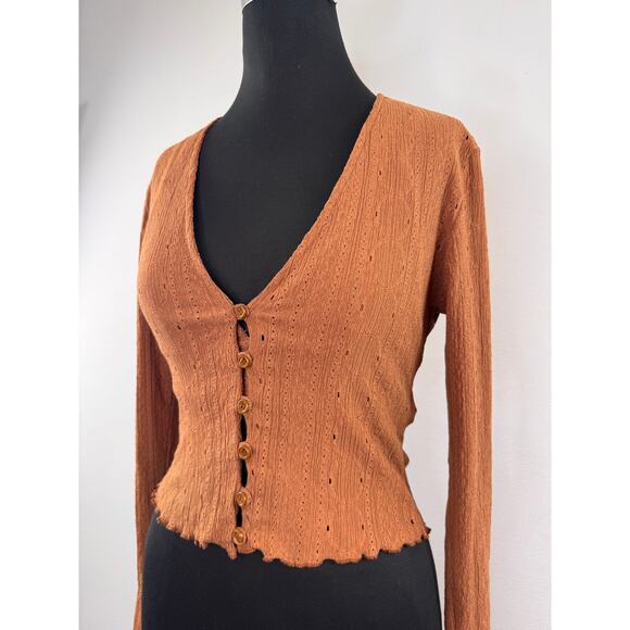 ZARA Set Brown Crop Cardigan & Top Set Eyelet V-Neck Front Button Size Small S - Picture 4 of 7